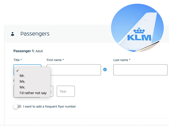 KLM customers can now choose a gender-neutral alternative to the customary masculine or feminine courtesy titles